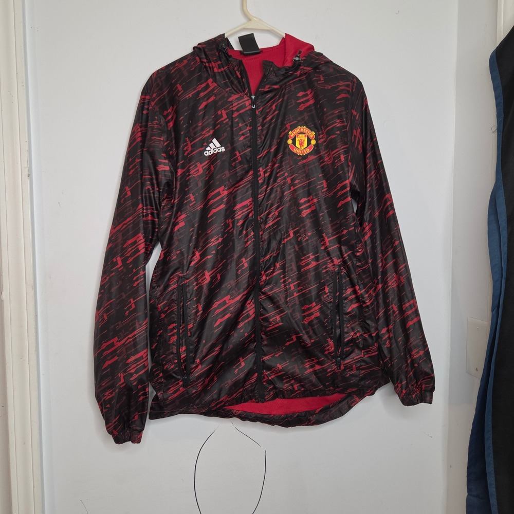 Adidas Manchester United Mens Small Red Black Graphic Hooded Windbreaker Jacket